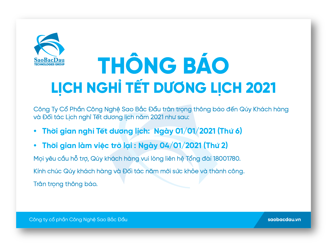 Thông Báo Lịch Nghỉ Tết Dương Lịch 2021