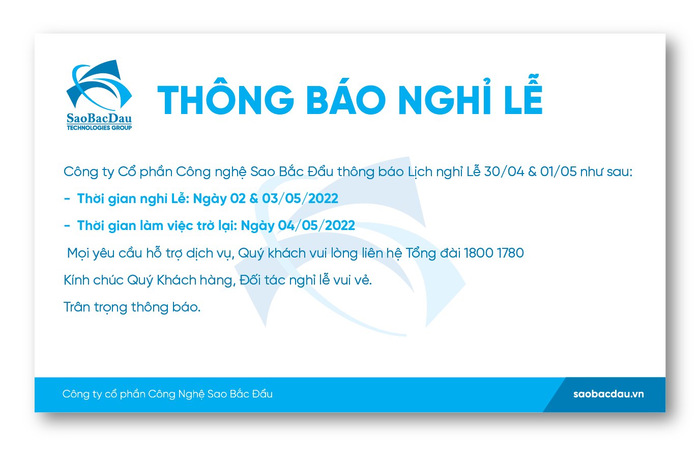 Thông báo Nghỉ Lễ 30/4 & 1/5