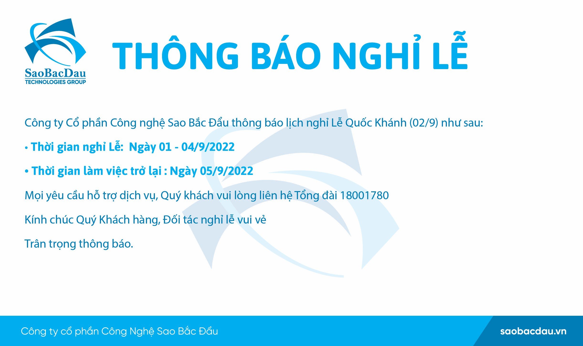 Thông báo Nghỉ Lễ Quốc Khánh 2/9