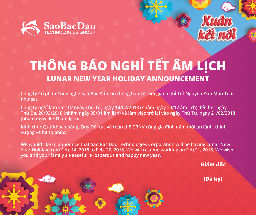 Thông báo nghỉ Tết Âm lịch Mậu Tuất 2018