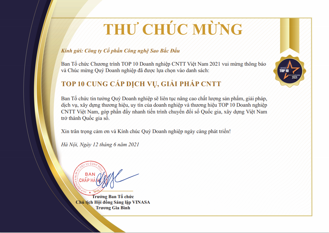 Sao Bắc Đẩu Đạt Danh Hiệu Top 10 Doanh Nghiệp CNTT Việt Nam 2021