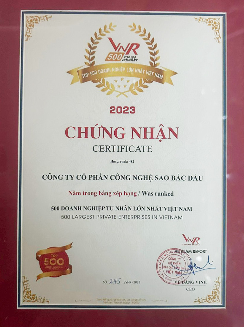 Sao Bắc Đẩu tiếp tục lọt vào Bảng xếp hạng TOP 500 Doanh nghiệp lớn nhất Việt Nam năm 2023 của VNR500, khẳng định vị thế và bản lĩnh của một trong những đơn vị hàng đầu trong ngành dịch vụ CNTT -Viễn Thông.