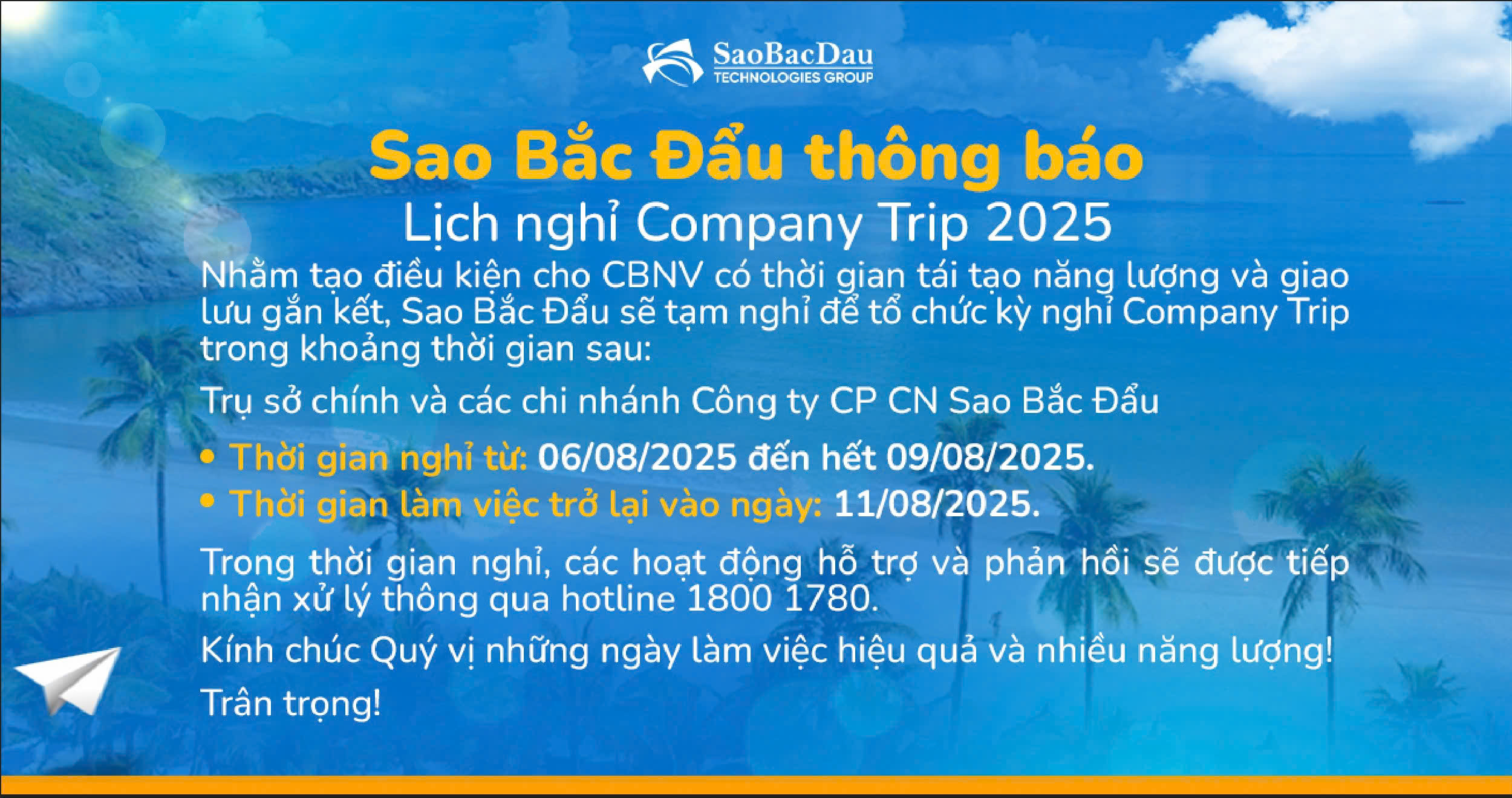 SAO BẮC ĐẨU THÔNG BÁO LỊCH NGHỈ COMPANY TRIP 2025