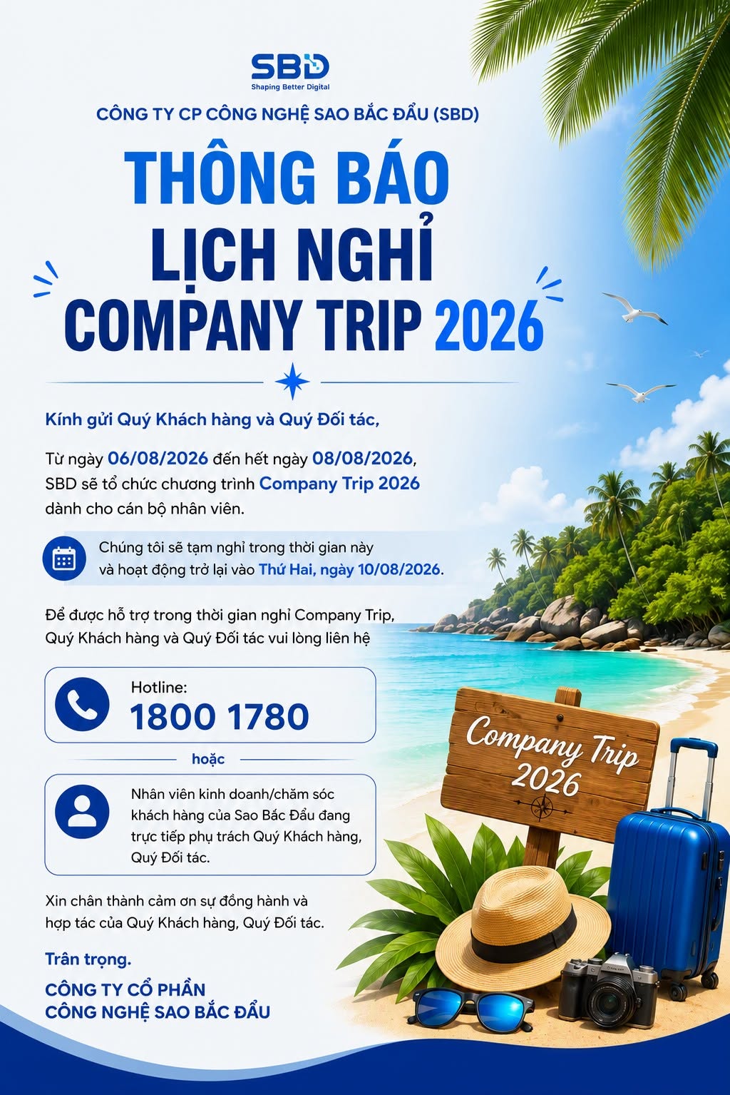 Sao Bắc Đẩu thông báo lịch nghỉ company trip 2026