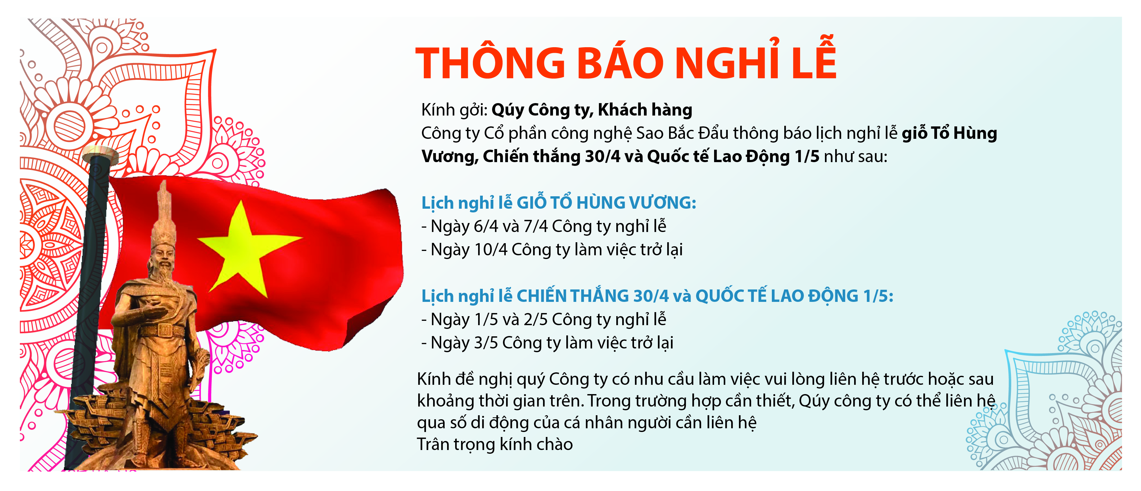 Thông báo nghỉ lễ Giỗ Tổ Hùng Vương, Lễ Chiến Thắng 30/04 và Quốc tế Lao Động 01/05